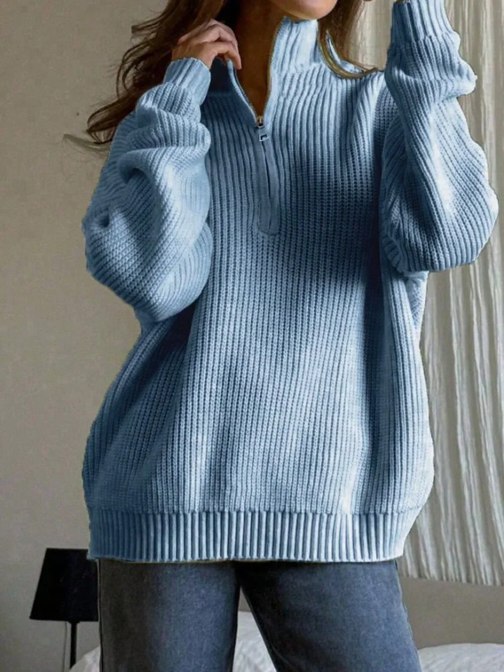 Baby Blue Casual Women Ribbed Long Sleeve Sweater